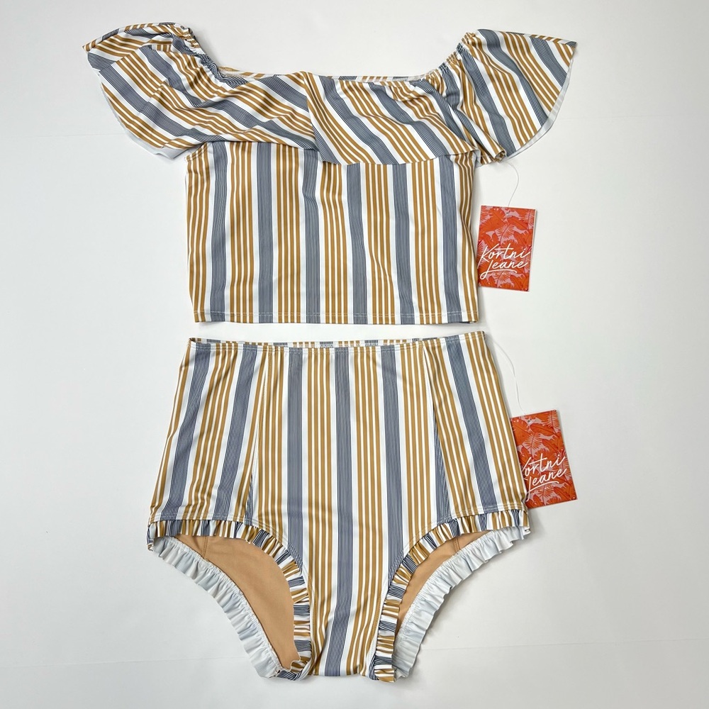 Kortni Jeane Swim Matching Set Stripes Ruffled Off Shoulder Top Size M NWT